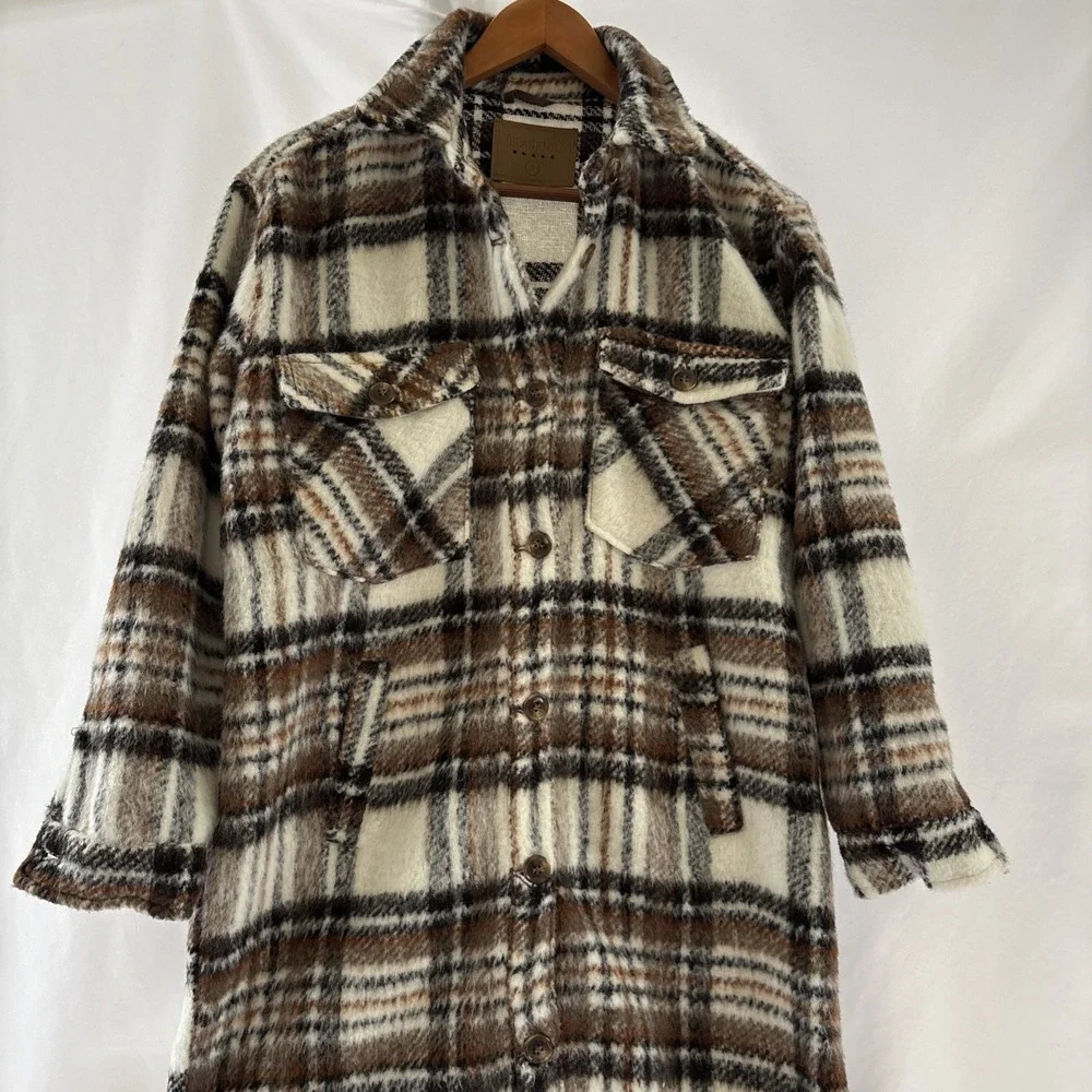 Blank NYC Womens Small Plaid Shacket Jacket Fuzzy Button Down‎ Brown White